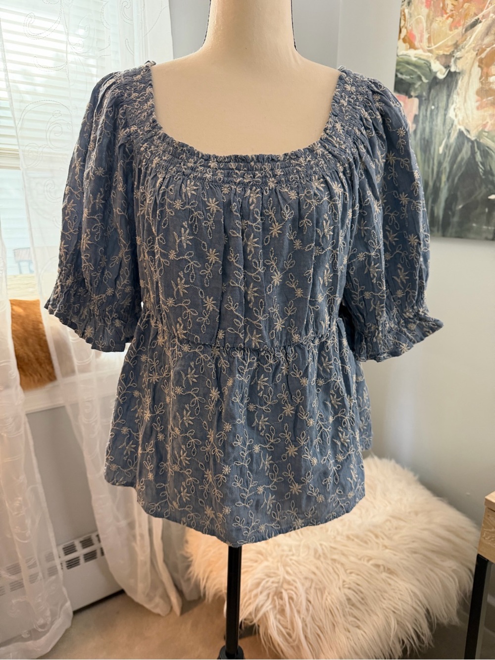 Old Navy Blue Embroidered Smocked Square-Neck Peplum Top